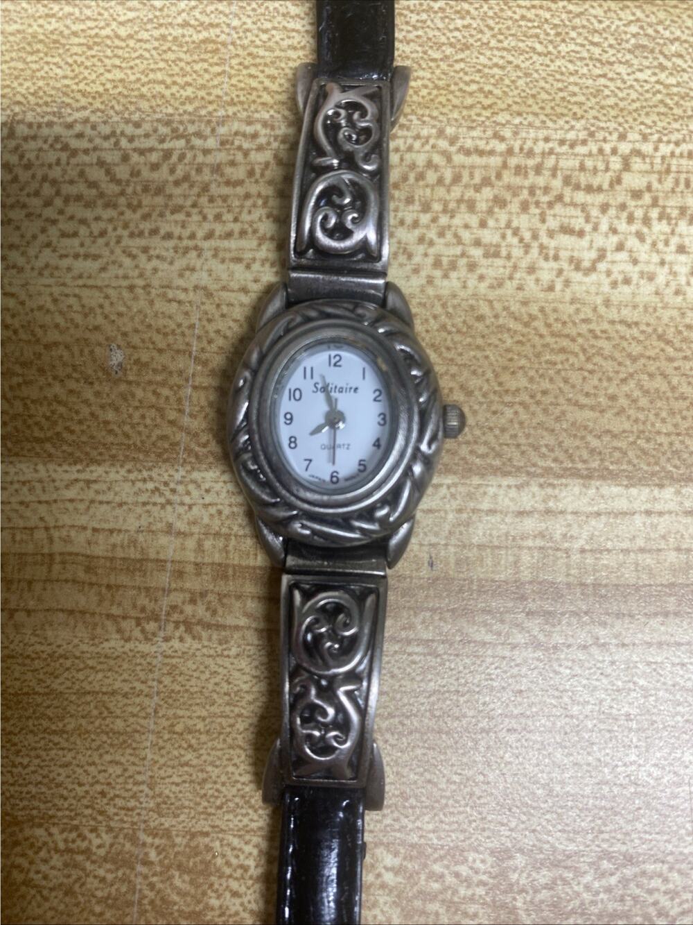 SOLITAIRE WOMEN’S Quartz Watch Silver Tone JAPAN MOV’T Black Leather Band
